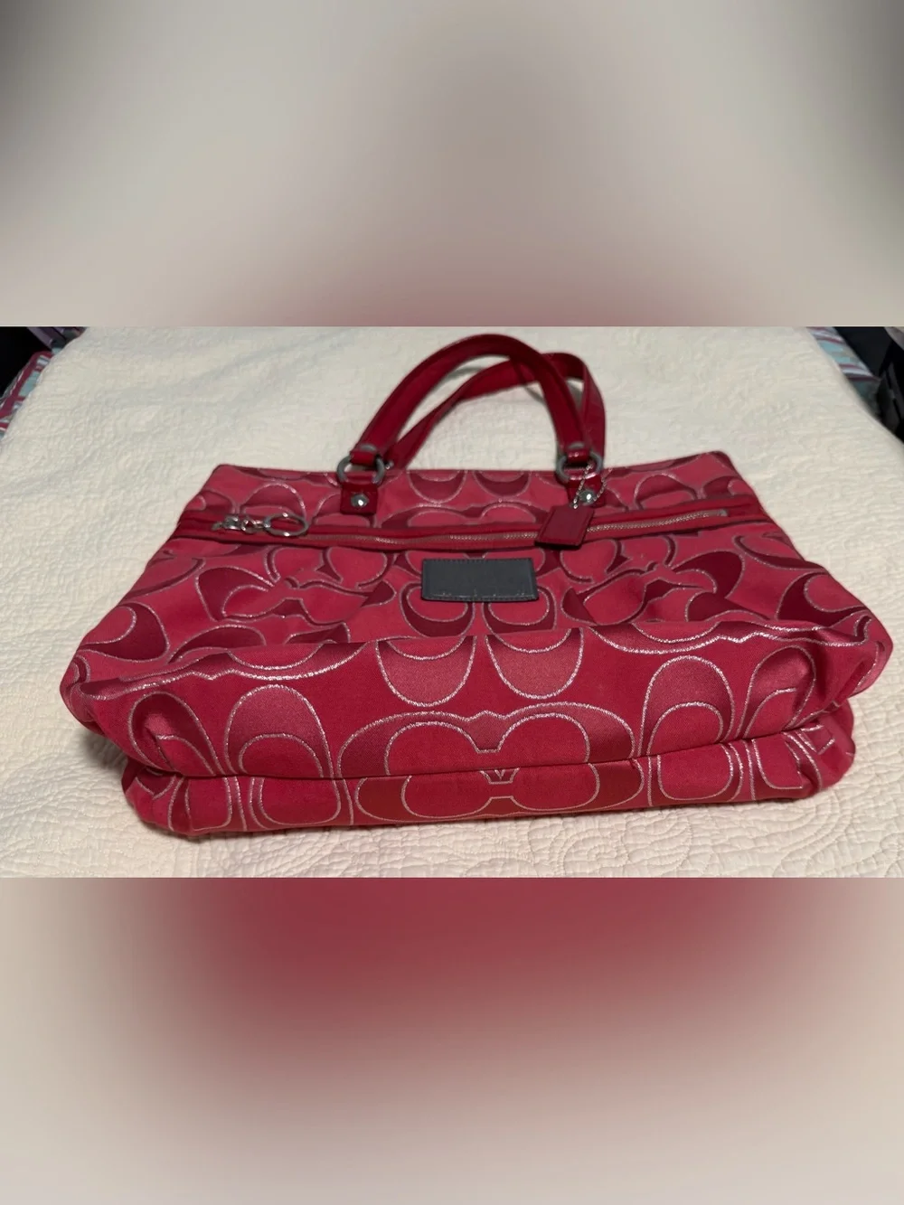 Coach Poppy Red Signature Shoulder Tote with silver tone Hardware!